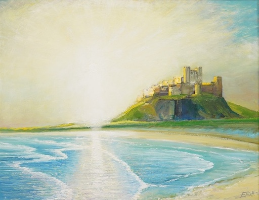 Robin Alexander Elliott (b.1936), oil on canvas, ‘Sun-up at Bamburgh Castle, Northumberland’, signed, inscribed verso, 59 x 75cm. Condition - good